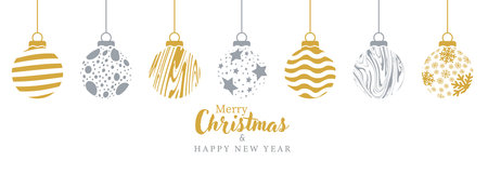 Layout for Christmas and New Year greetings, banners, posters, postcards and holiday invitations. Design idea with festive balloonsのイラスト素材