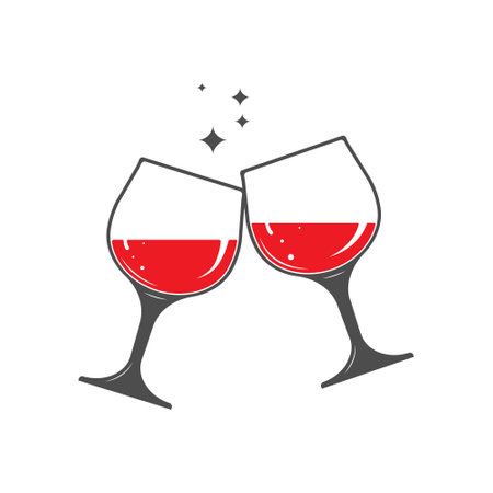 Two clinking glasses of red wine. Template for a logo, sticker, brand or label. Icon for websites and applications. flat styleのイラスト素材