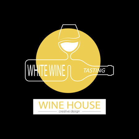 wine house. A template with a bottle of wine and a glass of white wine for a logo, sticker, brand or label. Icon for websites and apps. flat styleのイラスト素材