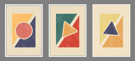Set of abstract vector geometric compositions with a grunge texture. A wall drawing, poster, painting, or print in a minimalist style with colored geometric shapes. flat designのイラスト素材