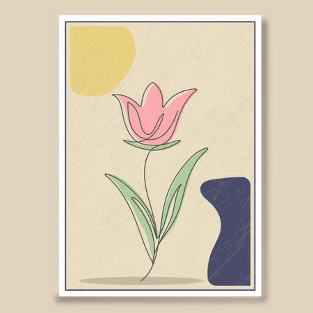 Abstract vector composition with a flower in the style of a continuous line on a grunge texture. Wall drawing, poster, painting, poster or print in a minimalist style with colored figures. flat designのイラスト素材