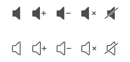 volume icon. sound controls. A set of symbols for the volume and control interface. Empty outline and filled silhouette, flat style.のイラスト素材