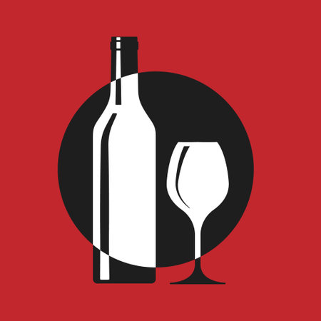 bottle of wine and glass. Template for a logo, label, emblem or sticker. Visualization for menus, websites and applications. flat styleのイラスト素材