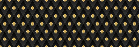 Seamless gold pattern on a black background with card suits. Background for gambling, casino advertisingのイラスト素材