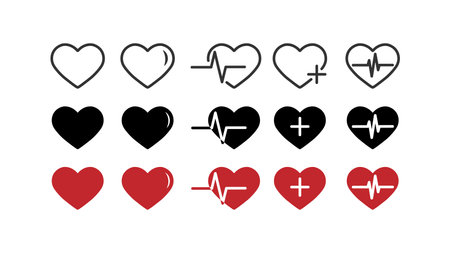 A set of heart, cardiogram and heartbeat icons. An empty and filled contour. Vector for websites and applications. flat styleのイラスト素材