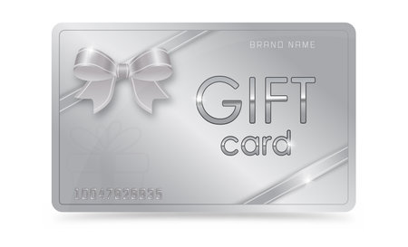 Gift silver card with silver ribbon and bow. An incentive gift. Loyalty or discount card. Vector for websites, applications, business and thematic design.のイラスト素材