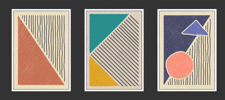Set of abstract vector geometric compositions with a grunge texture. A wall drawing, poster, painting, or print in a minimalist style with colored geometric shapes. flat designのイラスト素材
