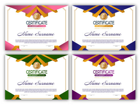 Certificate. A set of mock-ups of the certificate of recognition of education, training, achievements. Four color designsのイラスト素材