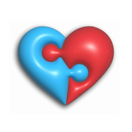 3d puzzle of the heart. The heart consists of two puzzle pieces of red and blue color. Volumetric design for websites, applications and creative designのイラスト素材