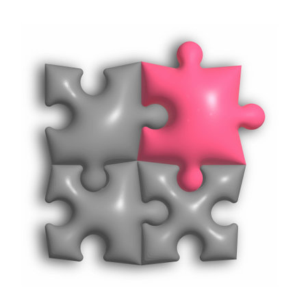 Puzzles. The red puzzle element stands out among the gray elements. 3d illustration for creative ideas and creative design. Volumetric style, renderingのイラスト素材