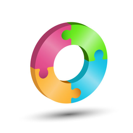 The circle consists of 4 puzzle pieces. 3d illustration for creative ideas and creative design. Volumetric styleのイラスト素材