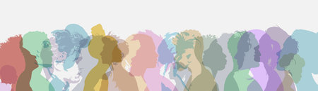 Silhouettes of male and female face profiles. Men and women of different cultures and social groups. The community of diverse people. Multiethnic and multicultural communitiesのイラスト素材