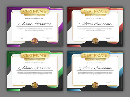 Certificate. A set of mock-ups of the certificate of recognition of education, training, achievements. Four color designsのイラスト素材