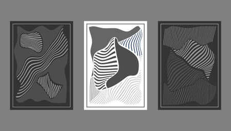 Composition of deformed geometric shapes for interior design of prints, postcards, posters and banners. Minimalistic arbitrary style in shades of grayのイラスト素材