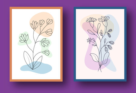 A set of drawings with abstract plants for wall decoration. Templates for interior design. A collection for posters, covers, prints and creative ideasのイラスト素材