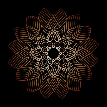 A luxurious ornament. Symmetrical pattern in Tantric yoga of Buddhism and Hinduism. Golden mandala pattern. A design element for a creative ideaのイラスト素材