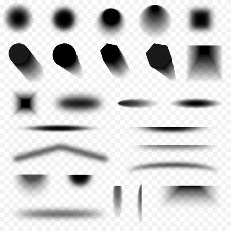 A set of shadows. Realistic vector shadows of different shapes on a transparent background. A blank for shapes, objects and creative design. The idea of a volumetric effectのイラスト素材