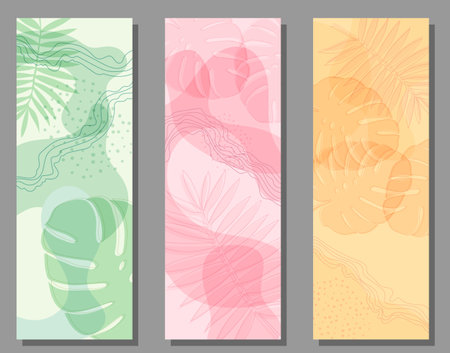 A set of backgrounds with tropical plants. A minimalist layout for covers, paintings, interior prints, posters and creative designのイラスト素材