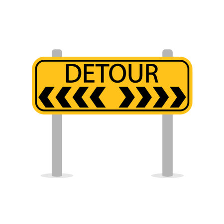 Detour to the left and to the left. A rectangular yellow road sign with black arrows and the words detour. The direction indicatorのイラスト素材