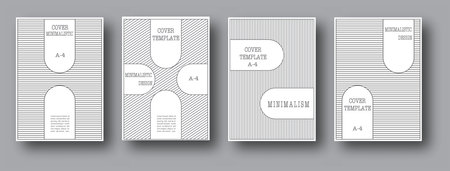Minimalist cover design templates featuring geometric patterns and line work. Simple monochromatic layouts with clean shapes and text placeholders in A4 format.のイラスト素材