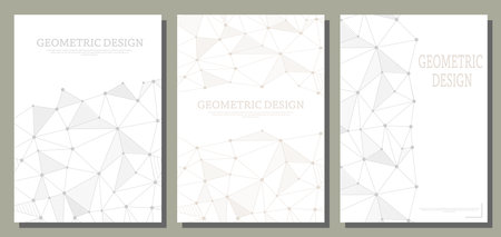 Monochrome geometric pattern design featuring connected dots and lines forming triangular structures on a light background. A set of three minimal template layouts with subtle geometric designs.のイラスト素材