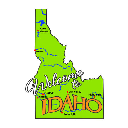 Welcome to Idaho. A green map of the state with rivers and big cities. welcome inscription on the colored silhouette of the state territoryのイラスト素材