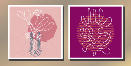 set of drawings with abstract plants for wall decoration. Templates for interior design. A collection for posters, covers, prints and creative ideasのイラスト素材