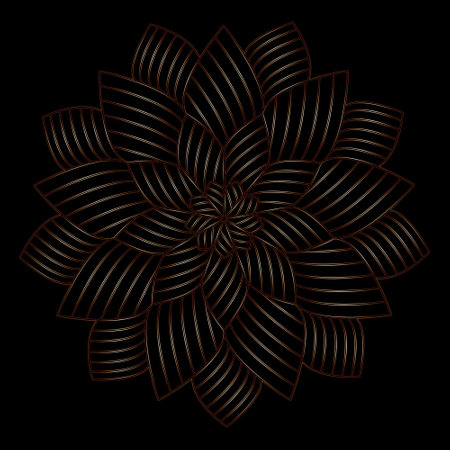 A decorative ornamental pattern featuring a symmetrical mandala design. Golden metallic lines form an intricate floral-like pattern against a dark background. A design element for creative purposesのイラスト素材