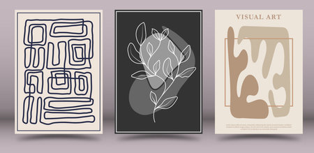 A set of models of fine art in an abstract style. The layout of a painting, poster, poster or banner in a minimalist design for interior creativity and creative ideas. Artistic illustration of wall paintings and printsのイラスト素材