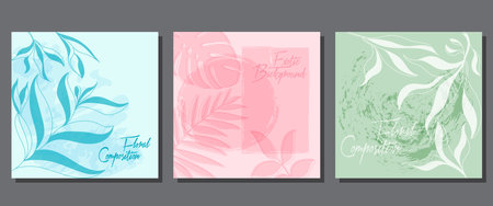 A set of backgrounds with abstract plants. A minimalist layout for covers, paintings, interior prints, posters and creative designのイラスト素材