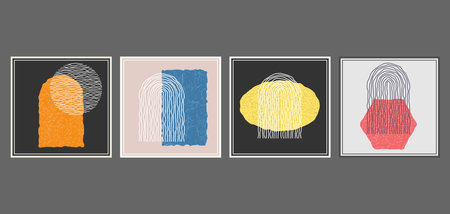 The composition of distorted geometric shapes. A collection of posters or paintings in a minimalist style. Layout of interior design, prints and creative ideasのイラスト素材