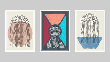 Abstract composition of distorted geometric shapes. A collection of posters or paintings in a minimalist style. Layout of interior design, prints and creative ideasのイラスト素材
