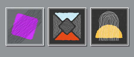 Abstract composition of distorted geometric shapes. A collection of posters or paintings in a minimalist style. Layout of interior design, prints and creative ideasのイラスト素材