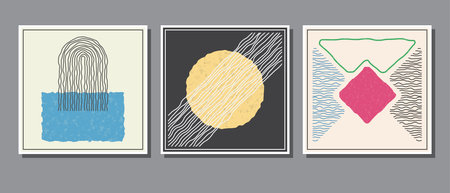 The composition of distorted geometric shapes. A collection of posters or paintings in a minimalist style. Layout of interior design, prints and creative ideasのイラスト素材