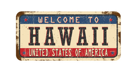 Welcome to Hawaii. An old worn sign with an inscription. Welcome metal plaque with rust elementsのイラスト素材