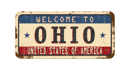 Welcome to Ohio. An old worn sign with an inscription. Welcome metal plaque with rust elementsのイラスト素材