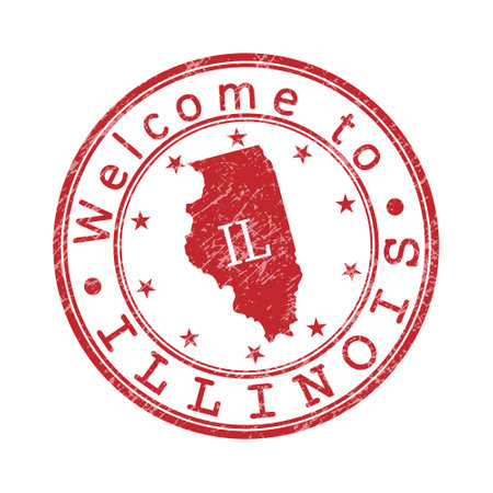 Welcome to Illinois. A worn stamp with a silhouette of the state and an abbreviated designation. Print impression, a template for creative designのイラスト素材