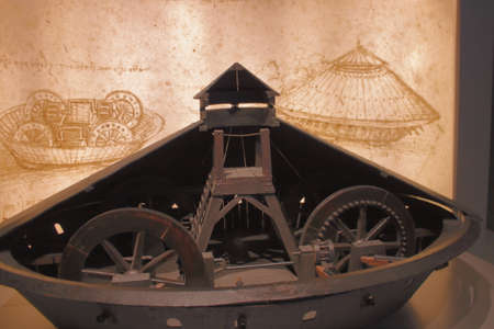 Covered battle tank from a painting of Leonardo Da Vinci, Athlantic code, from the Codex Atlanticus.のeditorial素材