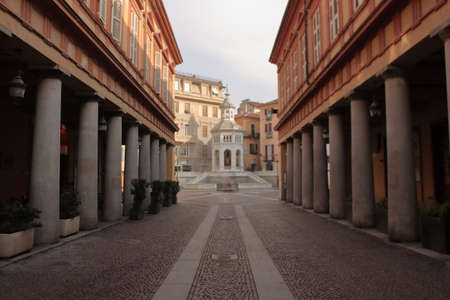 Acqui Terme, Italy - jan 2020: romanic central square with Thermal water fountainのeditorial素材