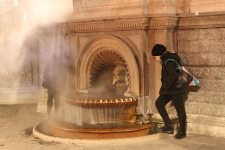 Acqui Terme, Italy - jan 2020: romanic central square with Thermal water fountainのeditorial素材
