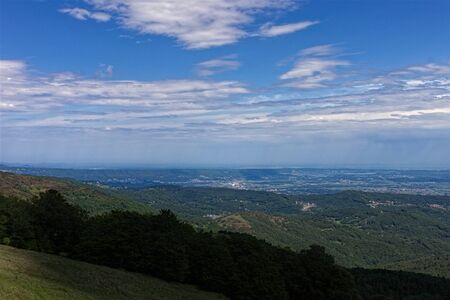 Panoramic photo of the Morenic strip of debris between Piedmont and Val Aosta, Italyの写真素材