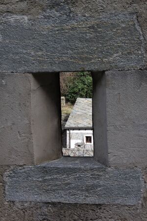 windowed panorama of Bard Village from the fortの写真素材