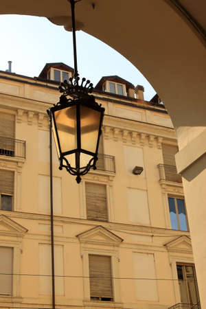 Turin, Italy - september 2020: particular details of the famous Liberty candelabras of the arcades of Via Romaの写真素材