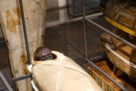 Egyptian Museum of Turin, Italy - September 2021: An explanatory section of the pharaoh burial...