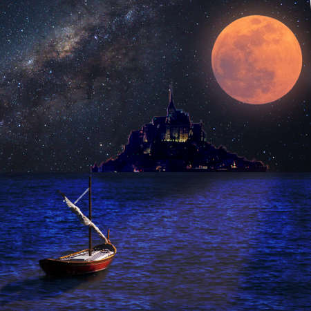 dream of a midsummer night: photocomposition of a sailboat swaying in the moonlight towards a fantastic cityの写真素材
