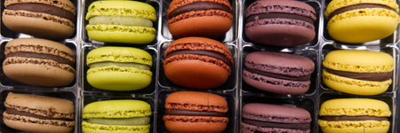 background banner of various flavor macaron pastriesの写真素材