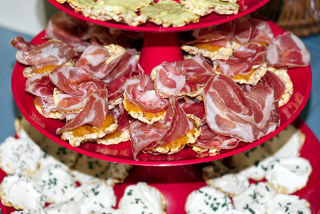 red tray with appetizers for the aperitifの写真素材