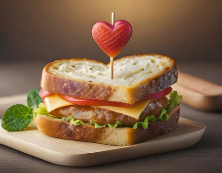 A heart-shaped sandwich with a red heart-shaped toothpick, love and valentines day conceptの素材