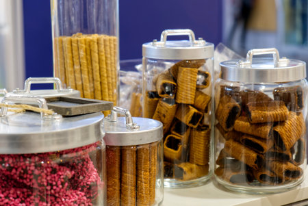 composition of glass jars with ice cream treatsの写真素材