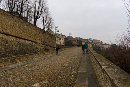 Bergamo, Italy - 15 jan 2023: the cobbled climb towards Porta San Lorenzoのeditorial素材